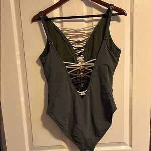 Dark Green Lace-Up One Piece Swimsuit, very stylish and cute, flattering
